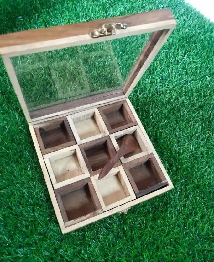 Handmade Wooden Spice Box With 9 Containers Sheesham Wood - ArtyCraftz