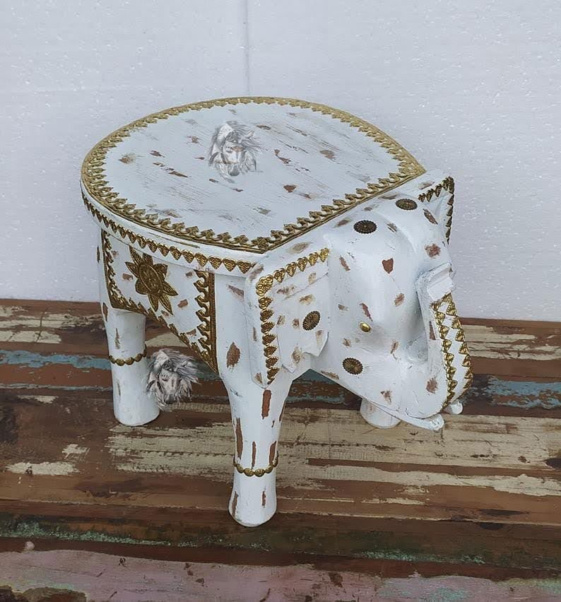 Handmade Wooden White Color Elephant Stool 8" Inches - ArtyCraftz