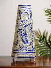 handmade leather lampshade peacock design painting blue with white color