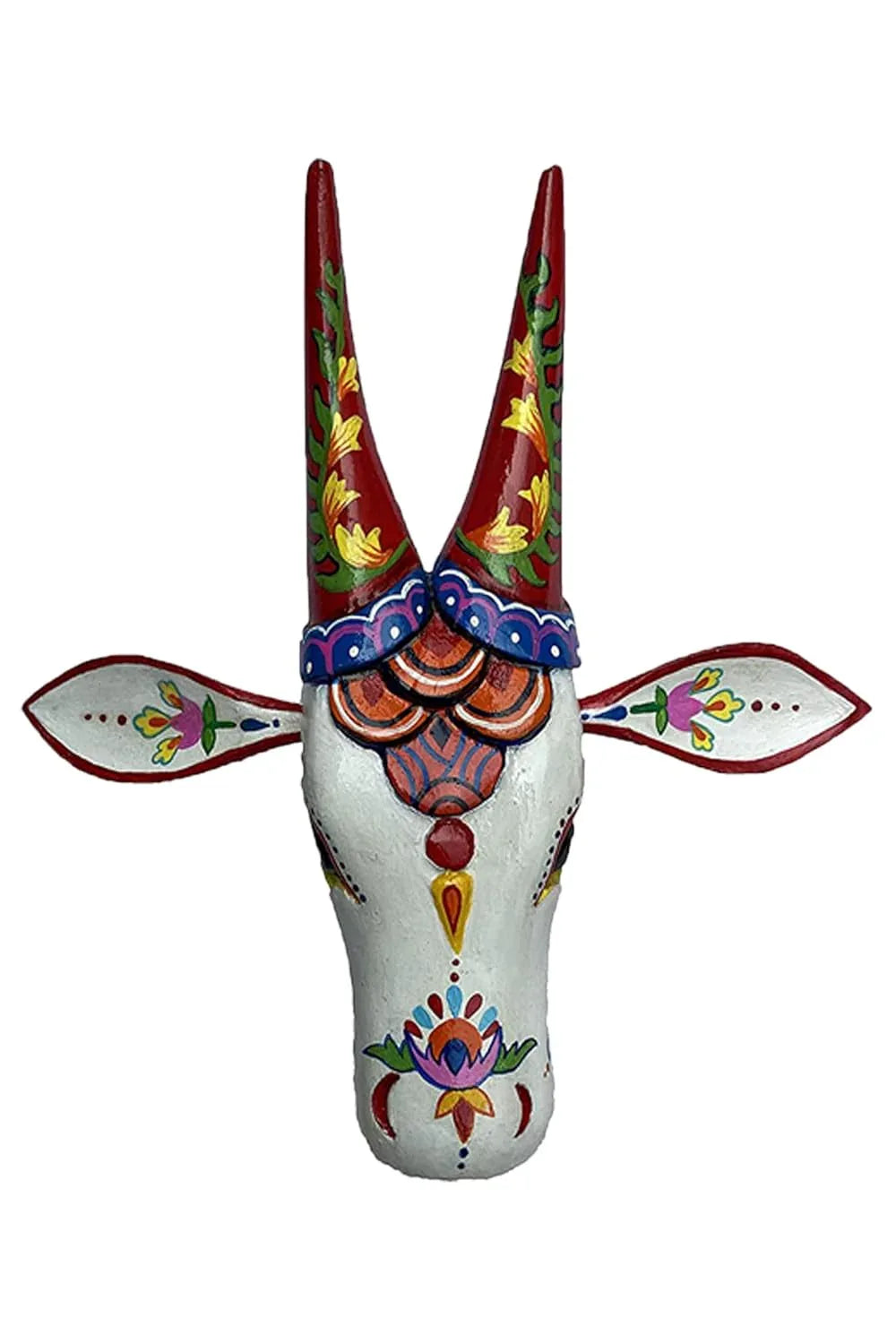 Handpainted Wooden Cow Head with Lotus Wall Hanging - ArtyCraftz