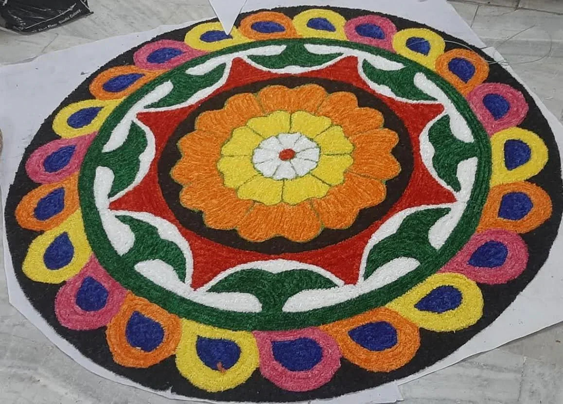 Handwoven Black,White with Multi Color Floral Woolen and Canvas Rangoli Mat - ArtyCraftz