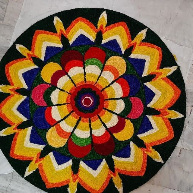 Handwoven Dark Blue Flower Woolen and Canvas Rangoli Mat - ArtyCraftz