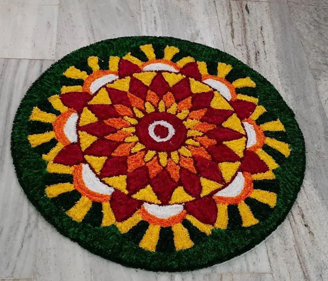 Handwoven Multi Color Flower with Green Woolen and Canvas Rangoli Mat - ArtyCraftz