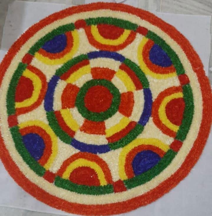 Handwoven Multi Color Flower with Red Border Woolen and Canvas Rangoli Mat - ArtyCraftz