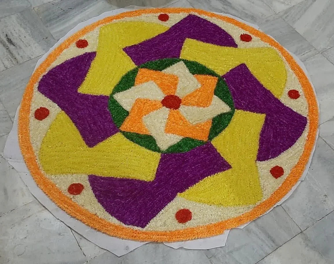 Handwoven Multi Color with Orange Border Woolen and Canvas Rangoli Mat - ArtyCraftz