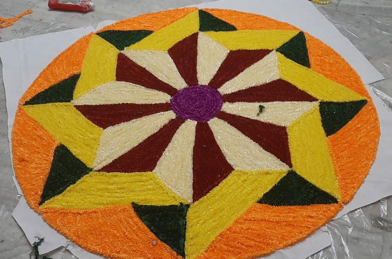Handwoven Multicolor and Orange Flower Woolen and Canvas Rangoli Mat - ArtyCraftz