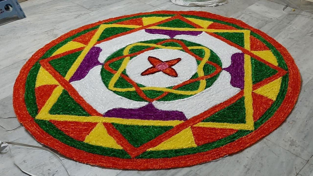 Handwoven Multicolor Rangoli with Green and Red Border Woolen and Canvas Mat - ArtyCraftz