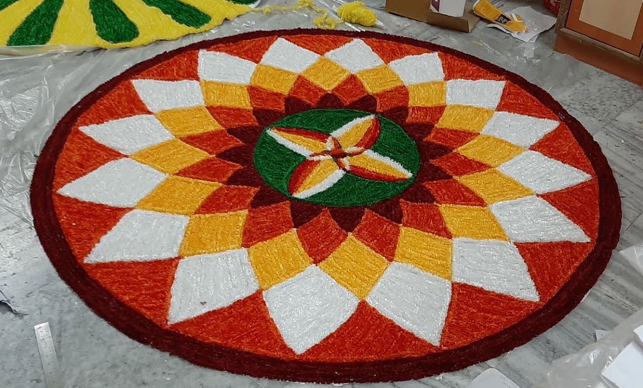 Handwoven Multicolored Flower With Brown Woolen and Canvas Rangoli Mat - ArtyCraftz