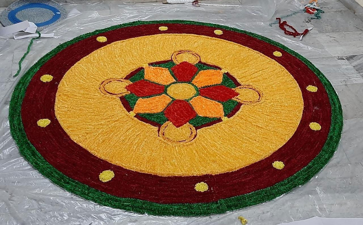 Handwoven Woolen Floral Design with yellow and Red Rangoli Mat - ArtyCraftz