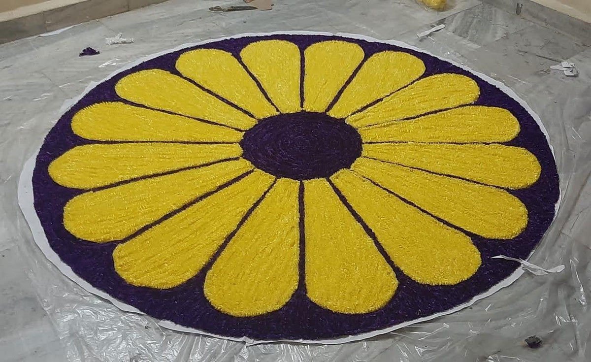 Handwoven Yellow and Brown Woolen and Canvas Flower Rangoli Mat - ArtyCraftz