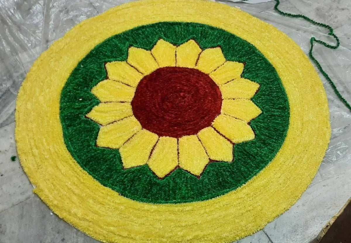 Handwoven Yellow and Green Woolen and Canvas Rangoli Mat - ArtyCraftz
