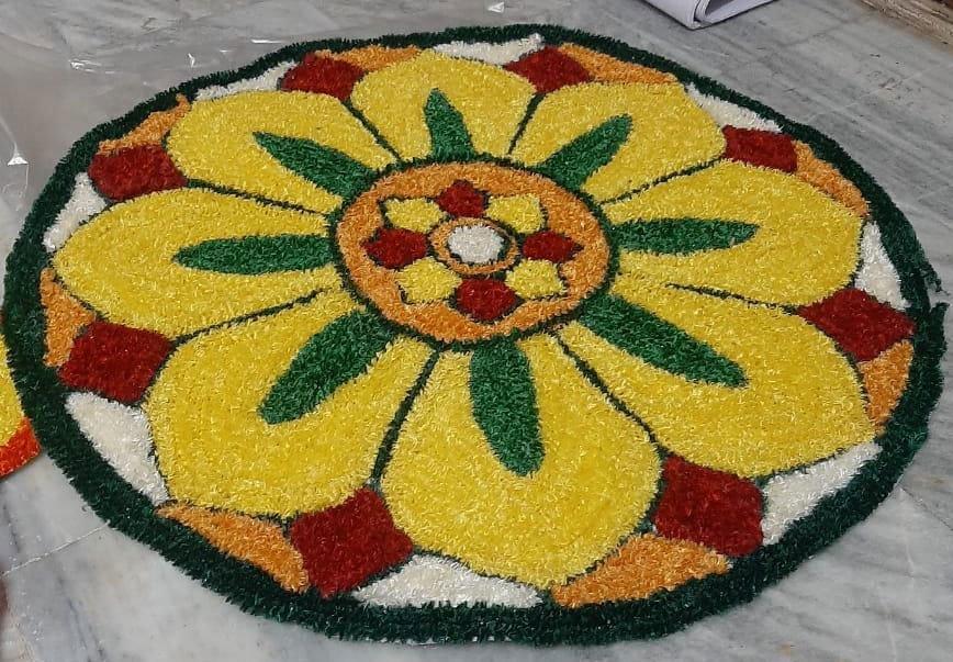 Handwoven Yellow Flower with Green Petals Canvas Rangoli Mat - ArtyCraftz
