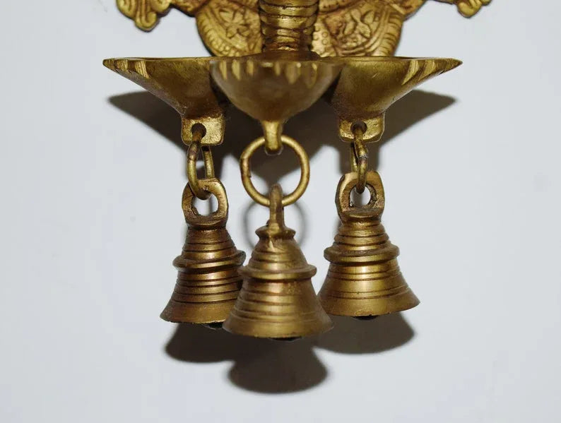 Brass Ganesh Wall Hanging with 3 Diyas & Bells-ArtyCraftz.com