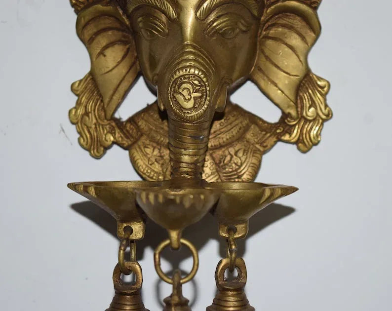 Brass Ganesh Wall Hanging with 3 Diyas & Bells-ArtyCraftz.com