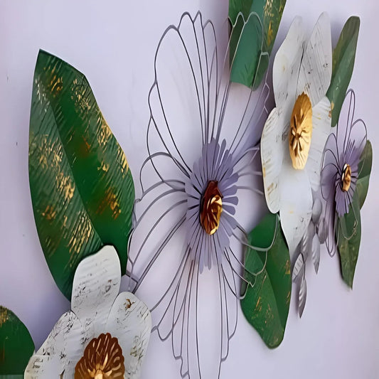 Large Metal White Flower with Green Leaf Wall Art - ArtyCraftz