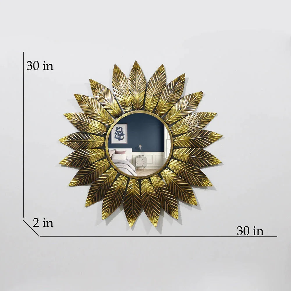 Slender Leaf Golden Round Mirror Wall Decor