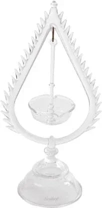 A transparent borosilicate glass diya with a peacock design and a round base, suitable for Puja and meditation spaces.