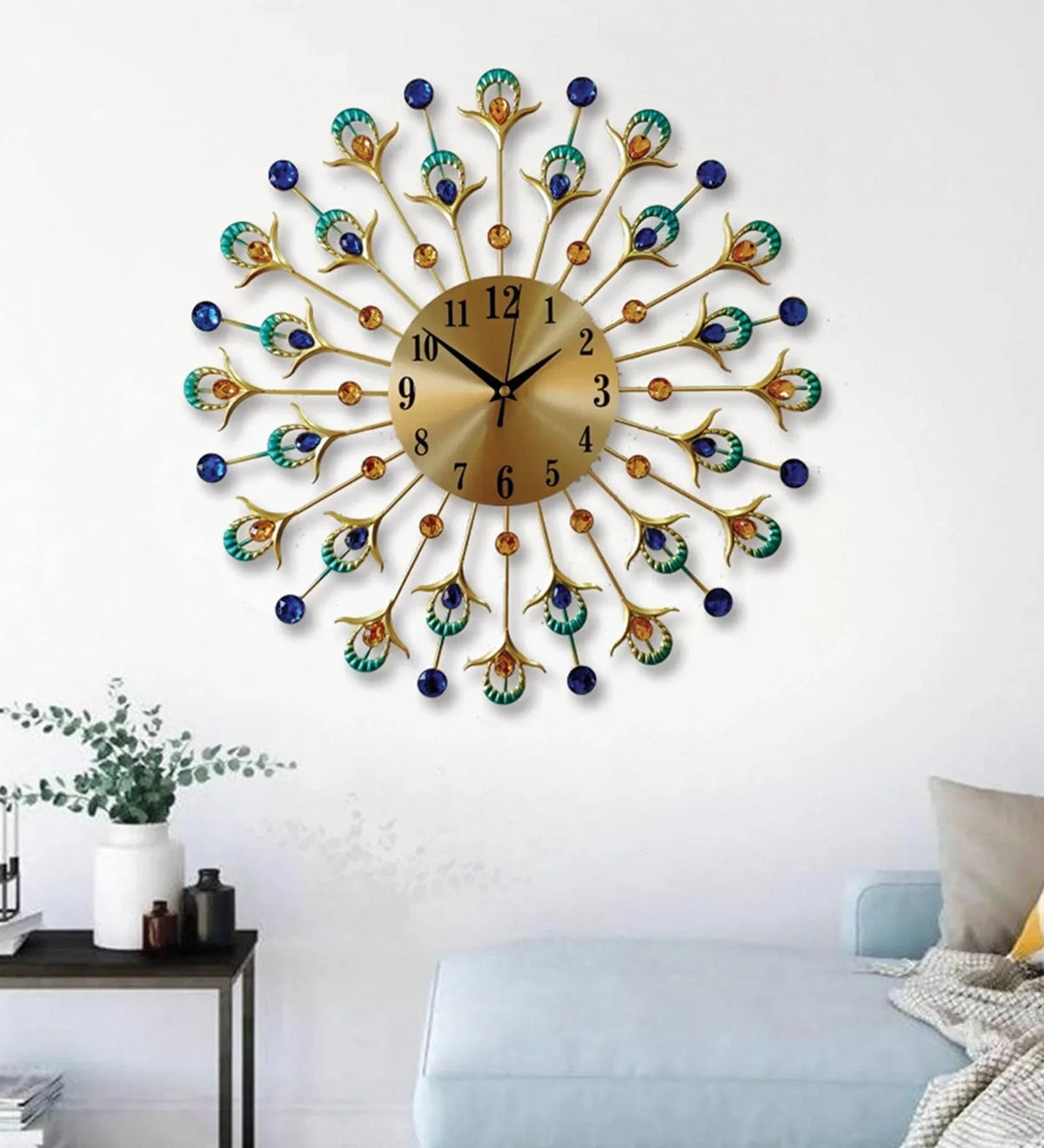 Metal Peacock Gem Stone Feather Wall Clock