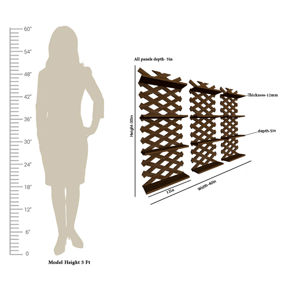 Modern Criss Cross Designer Dark Walnut Planter Shelves Set Of 3 with Dimensions