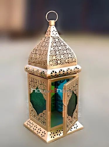 Intricate Floral Glass Antique Gold Iron Decorative Lantern