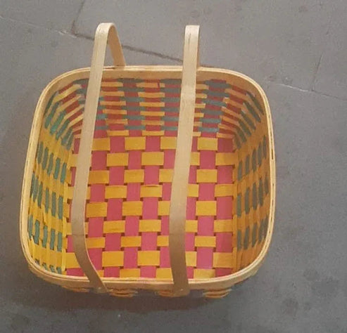 Handmade Square Multi Color Bamboo Basket with Handle