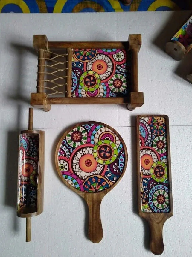 Multicolor Wooden Khatiya Pizza Starter Serving Platter Tray - ArtyCraftz