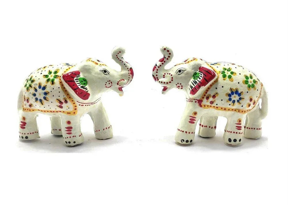 Paper Mache Decorative White Elephants Showpiece Idols Set of 2 - ArtyCraftz.com