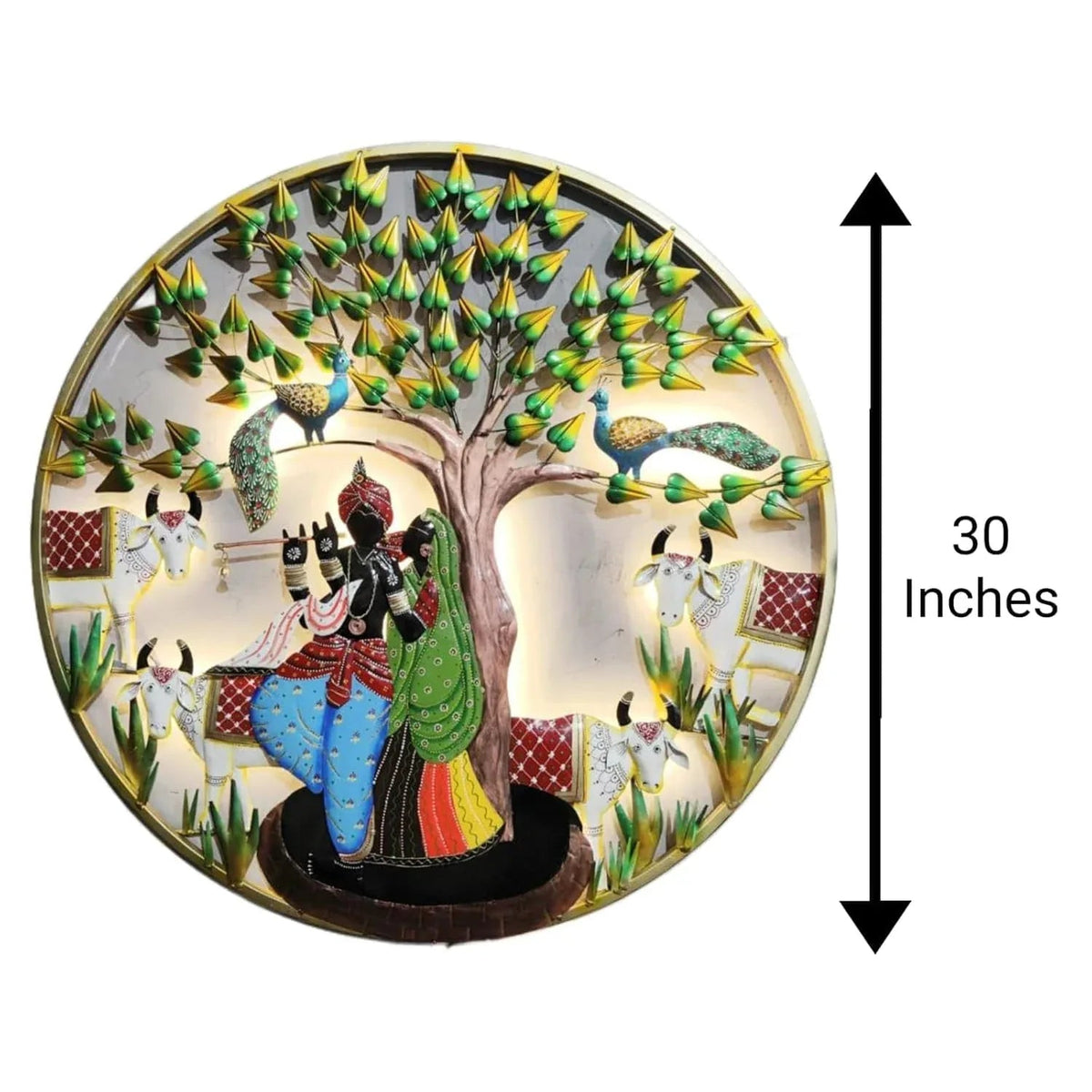 Radha Krishna With Cow Metal Wall Art LED Light - ArtyCraftz