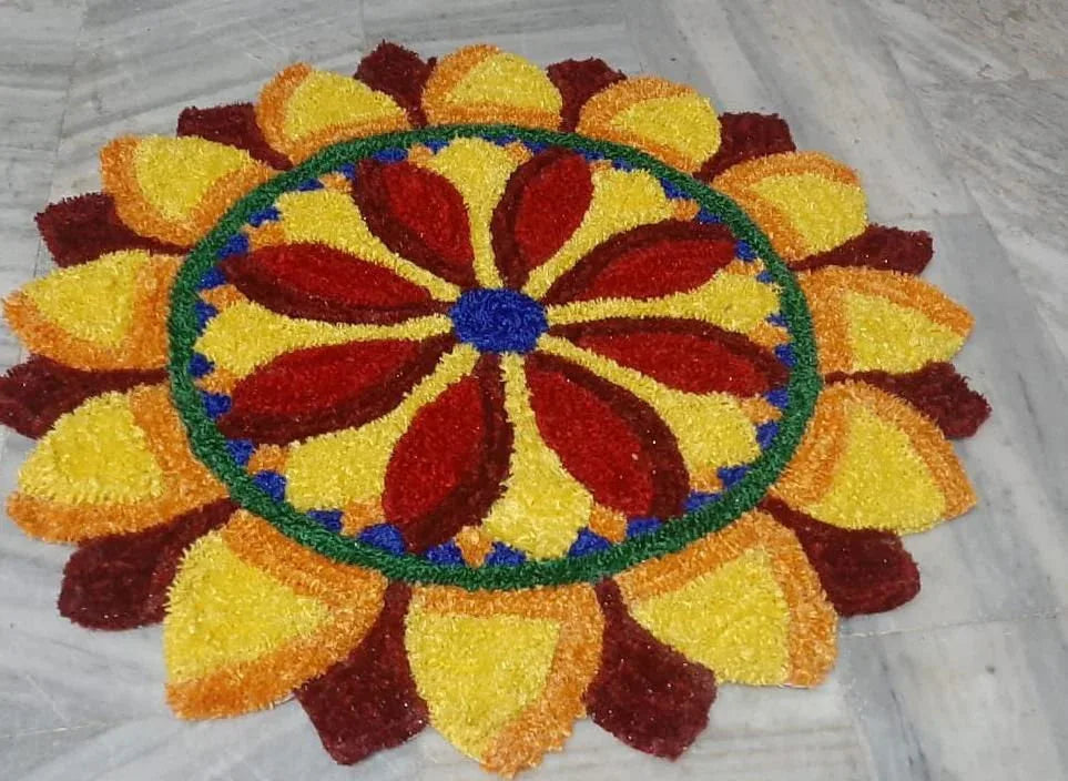 Rangoli Round Carpet Runner, Door Mats for Bedroom, Living Room, Floor and Home Decoration 4 Feet Yellow with Multi Color - ArtyCraftz