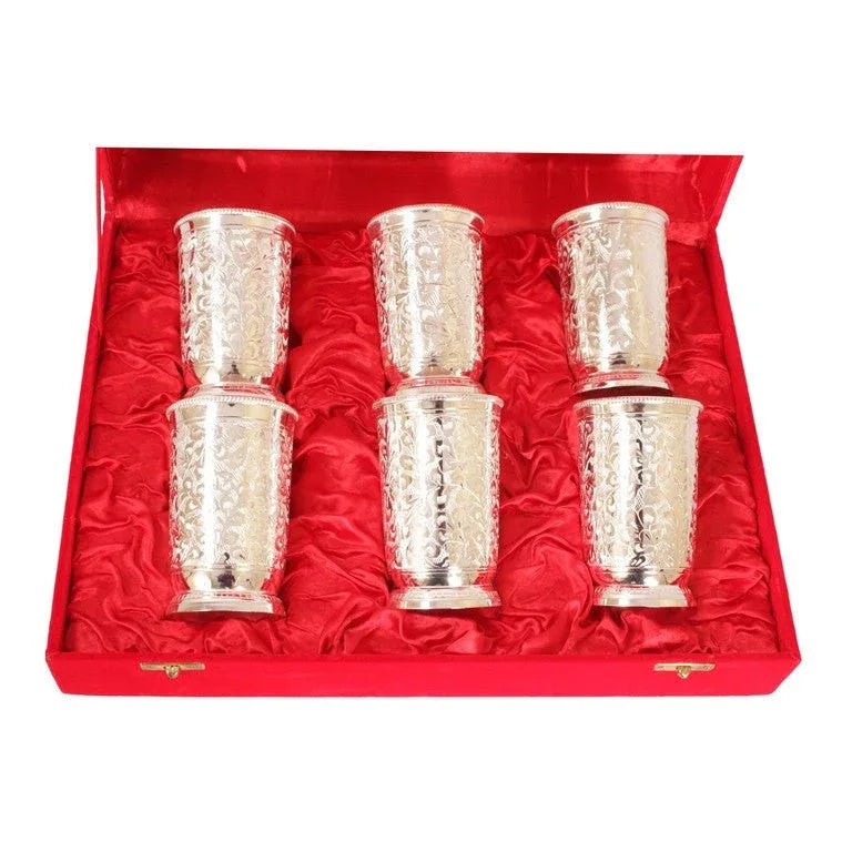 Silver Plated Embossed Design Glass Tumbler set of 6 - ArtyCraftz