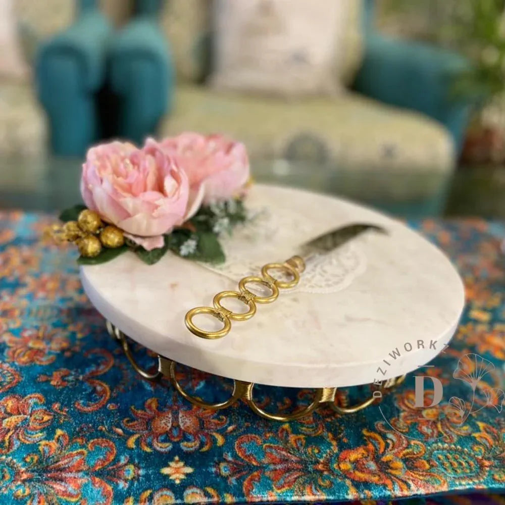 Single Loop Marble Cake Platter with Matching Knife - ArtyCraftz