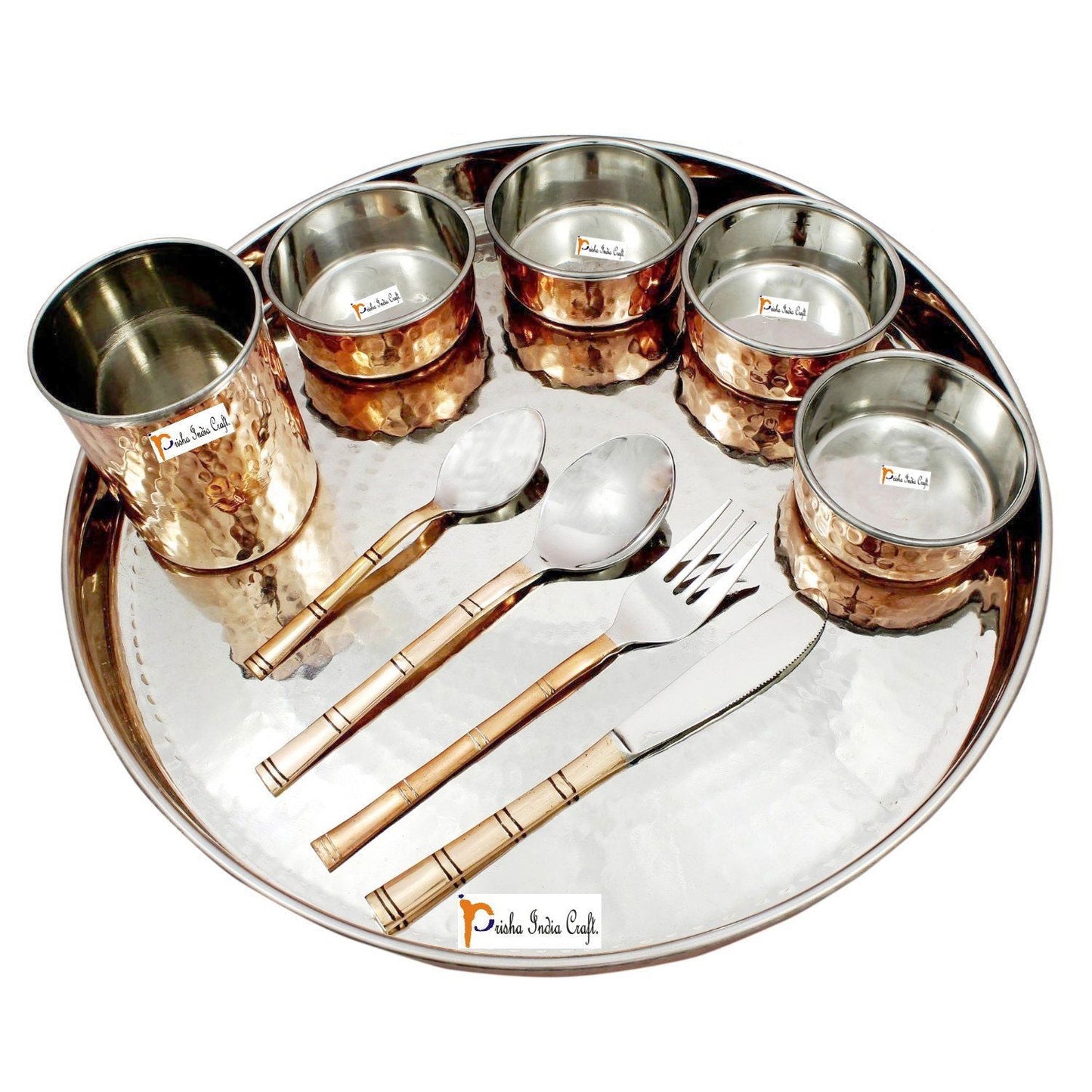 teel Copper Traditional Thali Set, Dinner Plate, Bowls, Fork, Knife, Glass Spoon and Serving Spoon, | Thali Diameter 13.00 INCH - ArtyCraftz.com