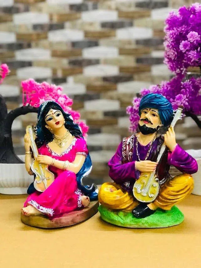 Traditional Rajasthani Cultural Love Couple Multicolor Musical Guitar Sculpture for Home Decor and Gifting Set of 2 - ArtyCraftz