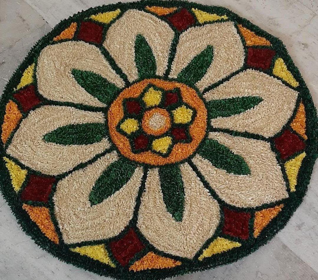 White Flower with Green Petals Canvas Rangoli Mat - ArtyCraftz