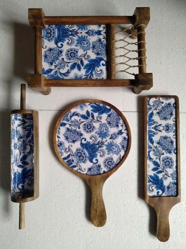 Wooden Khatiya Pizza Starter Serving Platter Sizzler White with Blue Color Tray for Dinning Table, Guest,Restaurant, Party & Gifted Product - ArtyCraftz