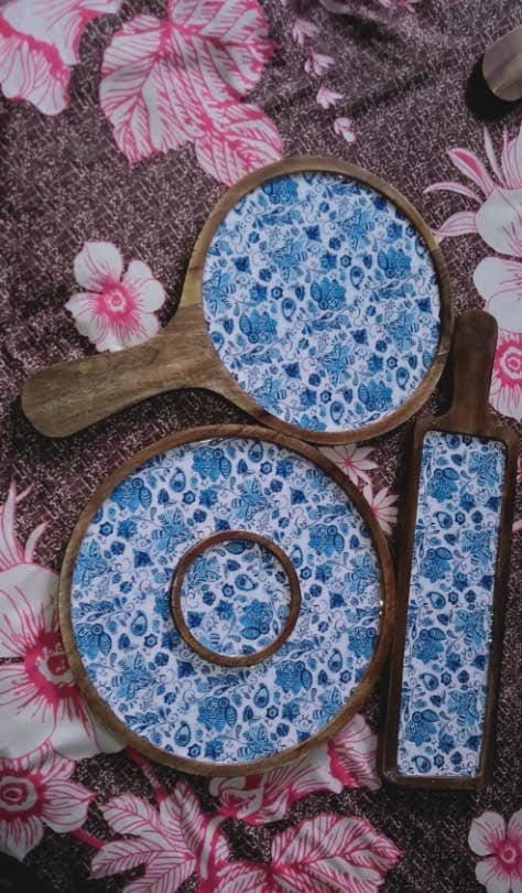 Wooden Printed Burger Platter and Pizza Platter Wood Handmade & Handcrafted Set of 3 Blue Color - ArtyCraftz