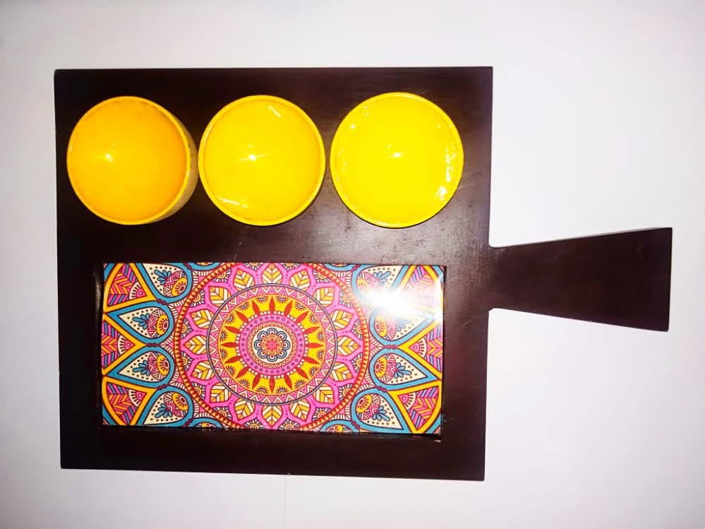 Wooden Sauce Server Tray with 3 Dips Bowl,Meena Printed Use for Serve Vinegar, Salad, Soy Sauce, Snack,in Hotels, Kitchen, Home, Restaurant Brown with Yellow Color - ArtyCraftz