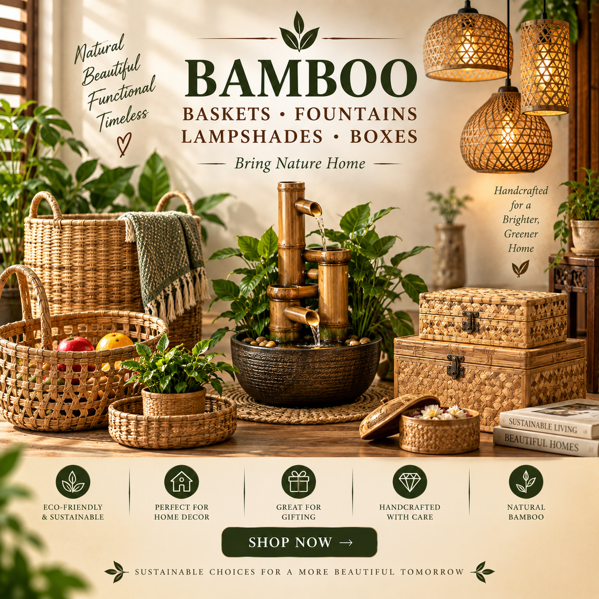Bamboo Baskets, Fountains, Lampshades and Boxes-ArtyCraftz.com