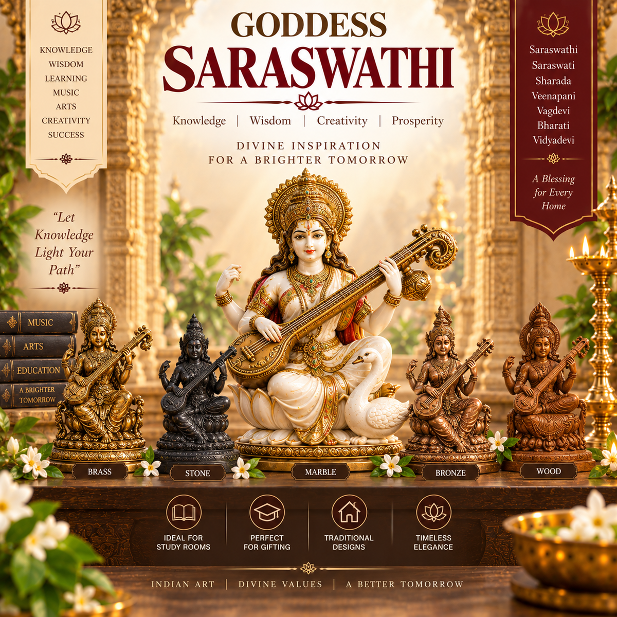 Goddess Saraswathi Idols Online - Saraswathi, Saraswati & Veenapani Statues