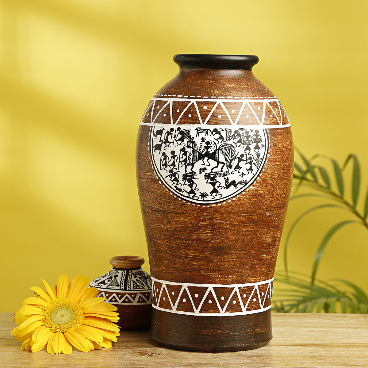 Tribal Melodies' Tapered Terracotta Vase With Warli Hand-Painting