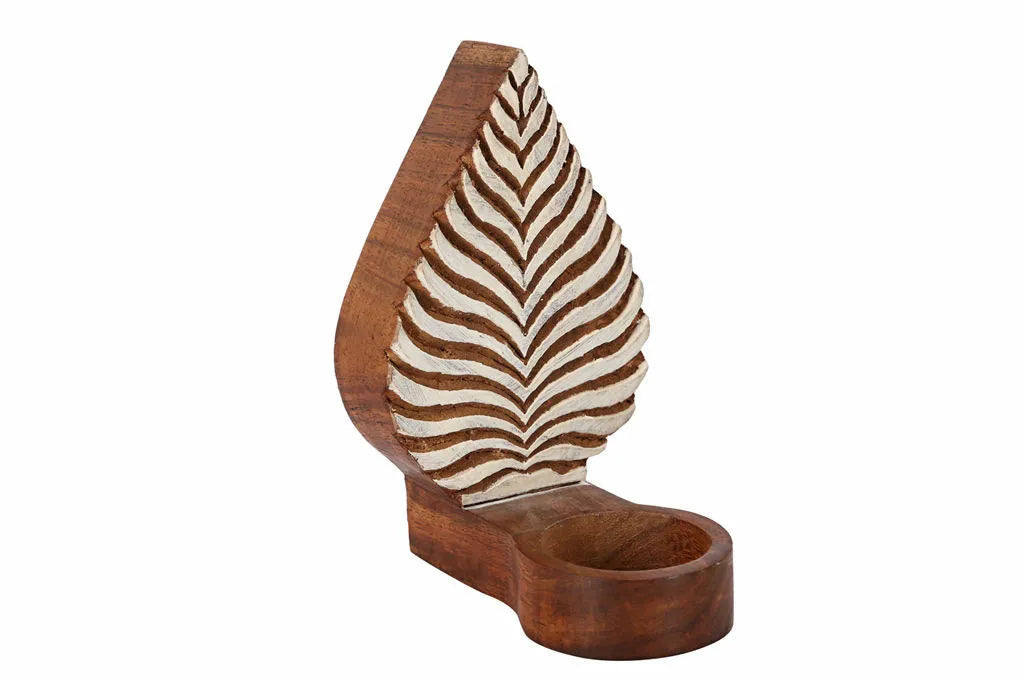 Engraved Leafy Table Cum Wall Wooden Tealight Holder