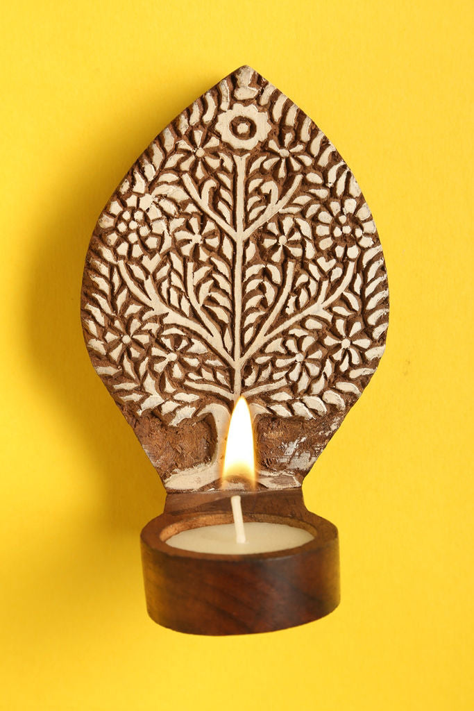Engraved Mango Tree Table Cum Wall Wooden Tealight Holder