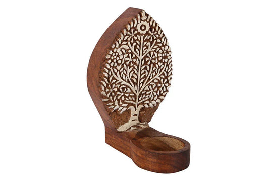 Engraved Mango Tree Table Cum Wall Wooden Tealight Holder