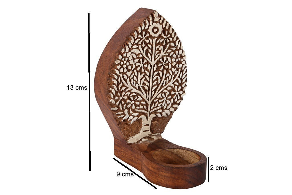 Engraved Mango Tree Table Cum Wall Wooden Tealight Holder
