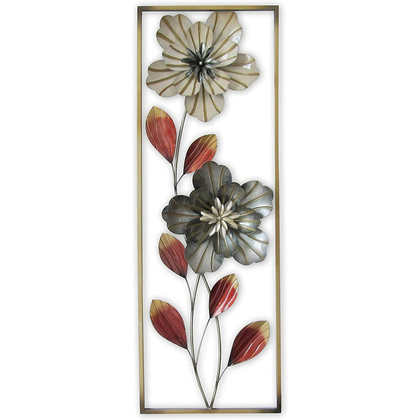 Flower and Leaves Metal Wall Decor with Frame 12"x36