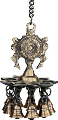 Chakra brass hanging lamp with 9 wicks and bells for pooja-ArtyCraftz.com