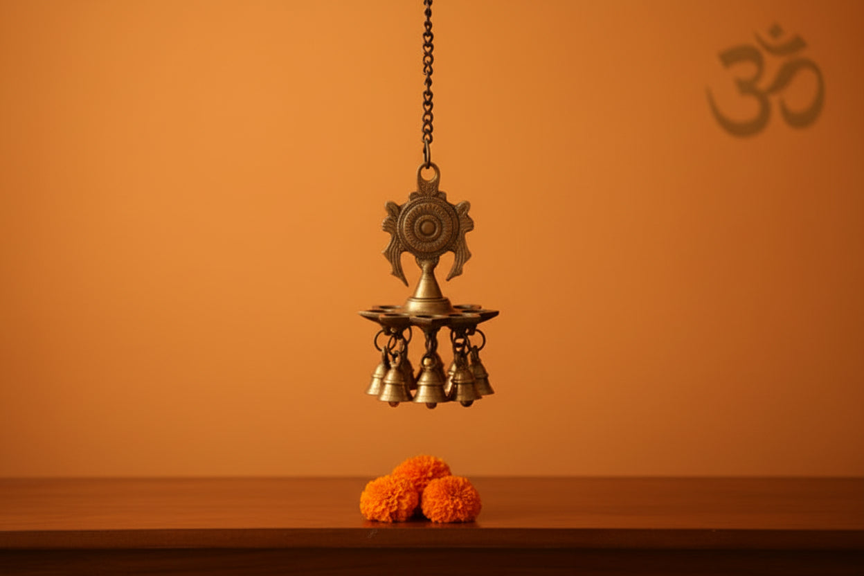 Chakra brass hanging lamp with 9 wicks and bells for pooja-ArtyCraftz.com