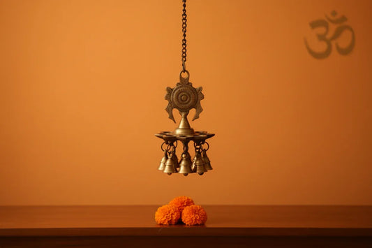 Chakra brass hanging lamp with 9 wicks and bells for pooja-ArtyCraftz.com