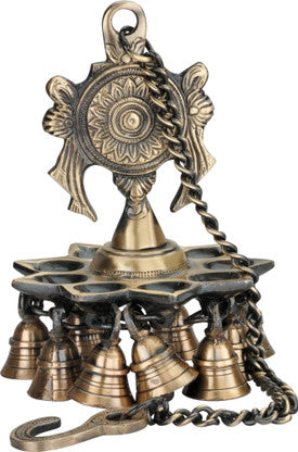 Chakra brass hanging lamp with 9 wicks and bells for pooja-ArtyCraftz.com