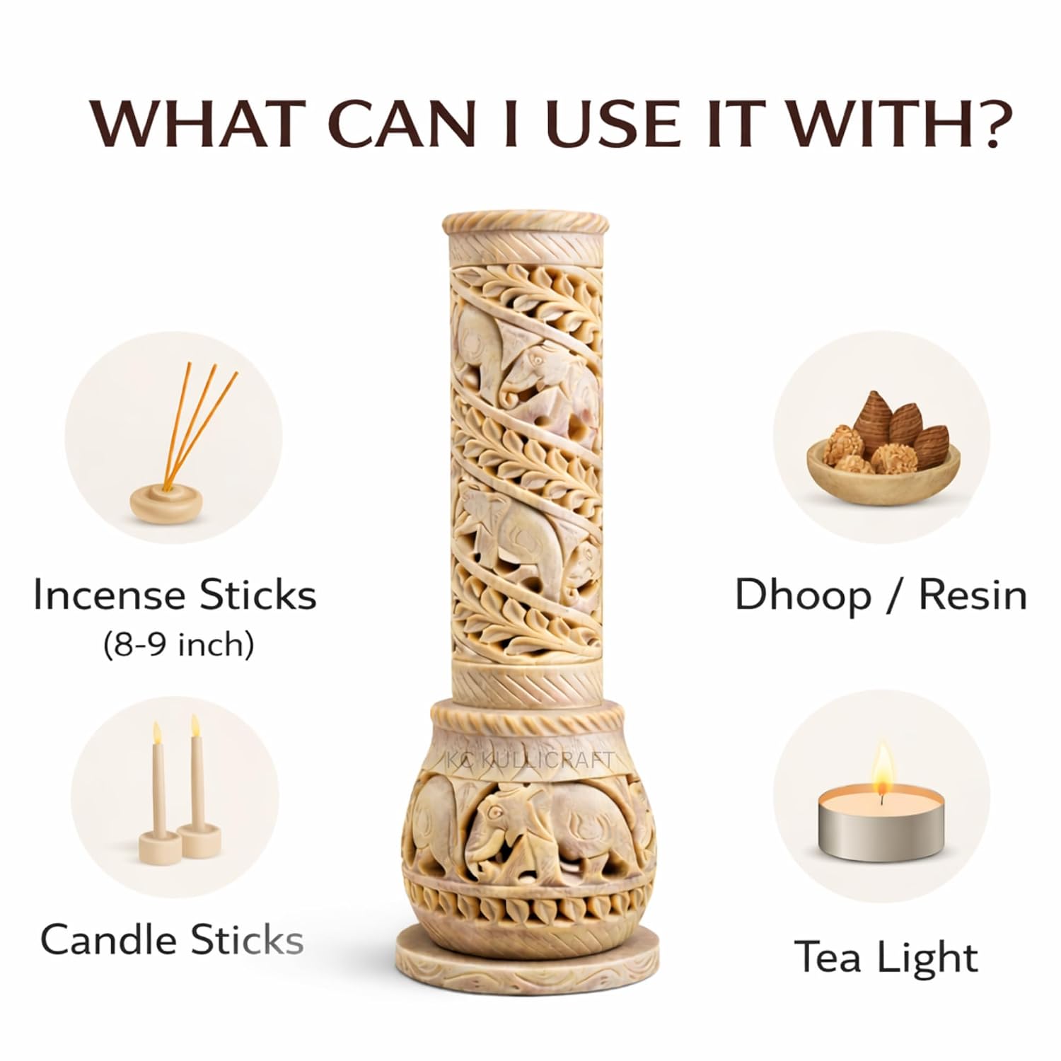 10.5 inch carved soapstone incense burner with elephant design-ArtyCraftz.com